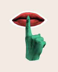 Contemporary art collage. Green hand with finger raised to red lips against beige background,...