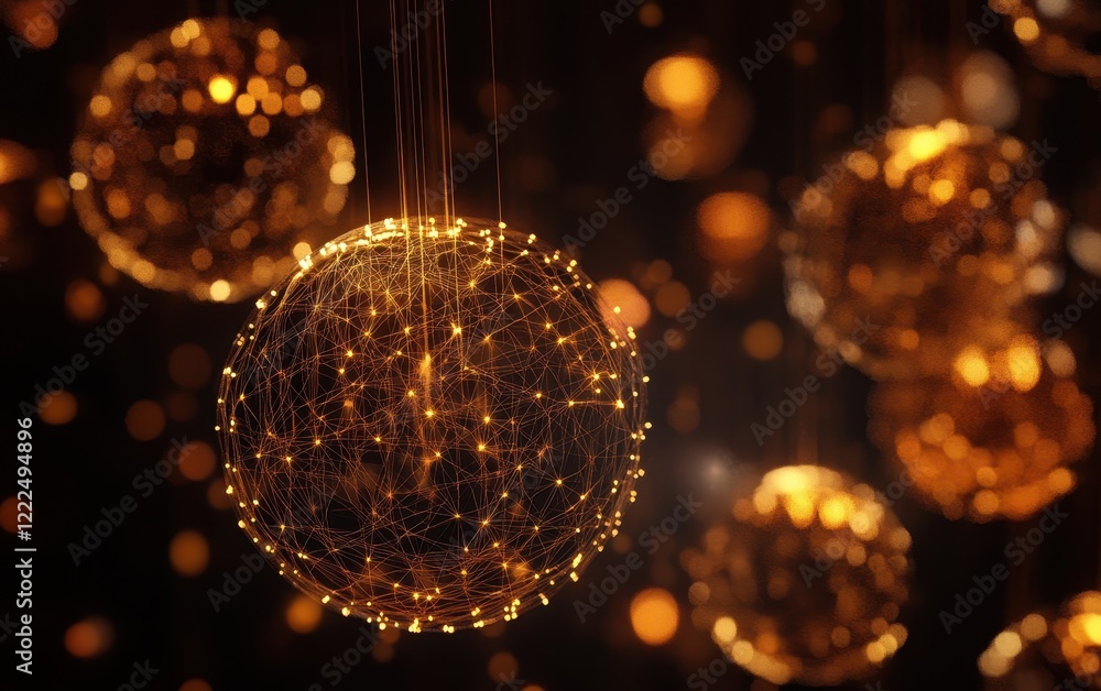 Aufkleber abstract golden globe ornaments with string lights suspended in dark space, bokeh background.
