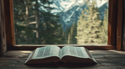 Open Book on Rustic Window Sill Overlooking Mountain Landscape.