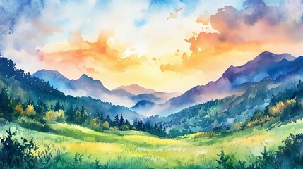 serene mountain valley landscape with lush green fields, distant peaks under colorful sunset sky, watercolor painting