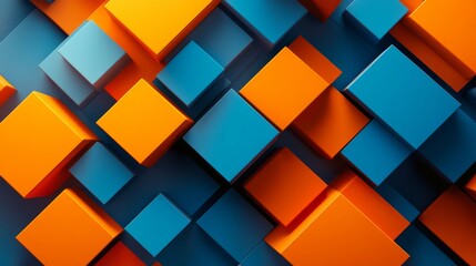 Abstract blue and orange geometric background with dynamic squares, digital technology concept, modern innovation, and futuristic design elements


