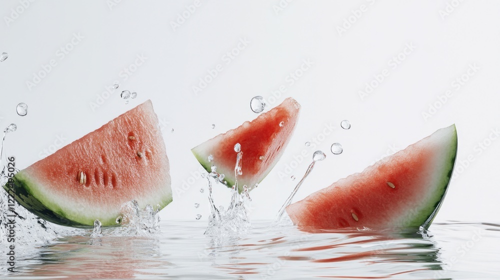 Poster watermelon slices splashing in water with a clean background for summer vibes