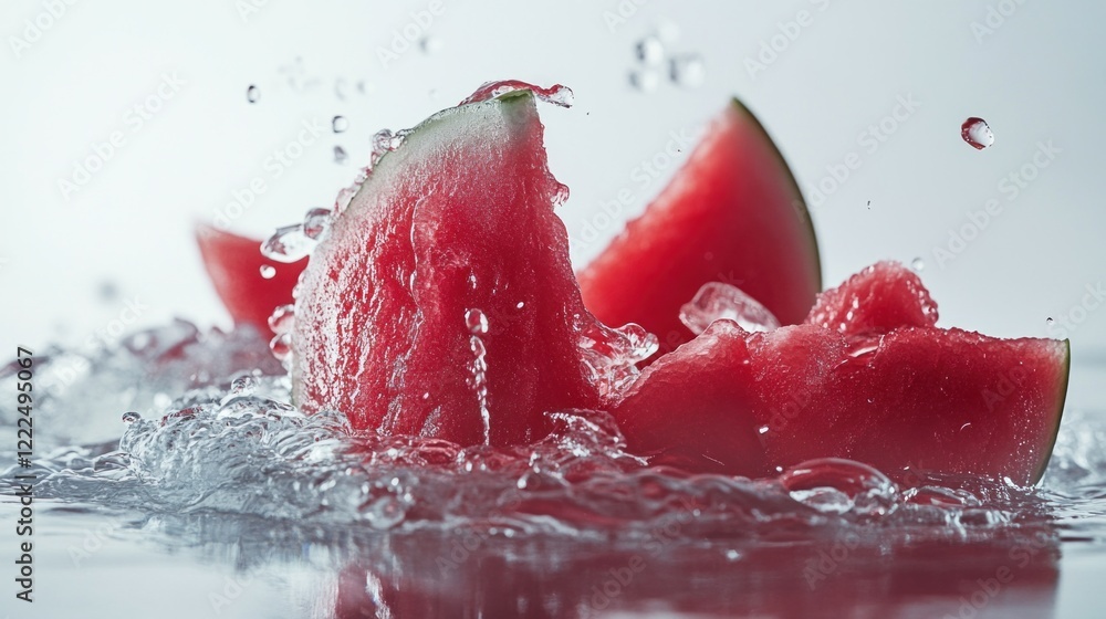 Poster water splashes around sliced watermelon pieces creating a refreshing summer visual
