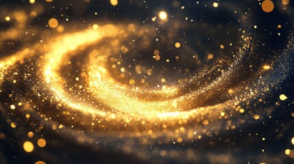 Golden Swirl of Sparkling Glitter on Dark Background, Abstract Cosmic Bokeh Texture.