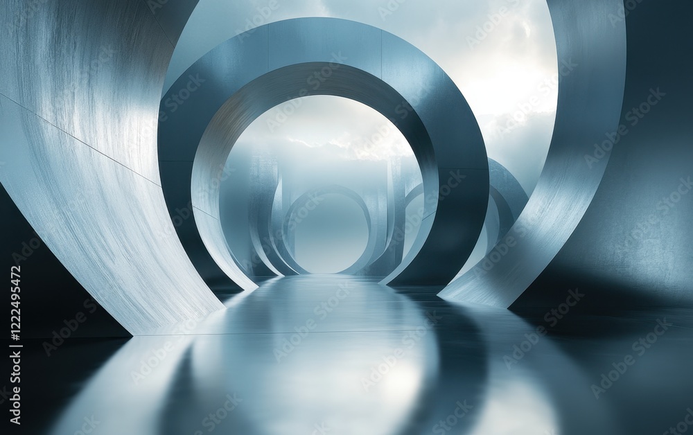 Poster modern abstract architecture with circular arches and reflective floor, ethereal sky.