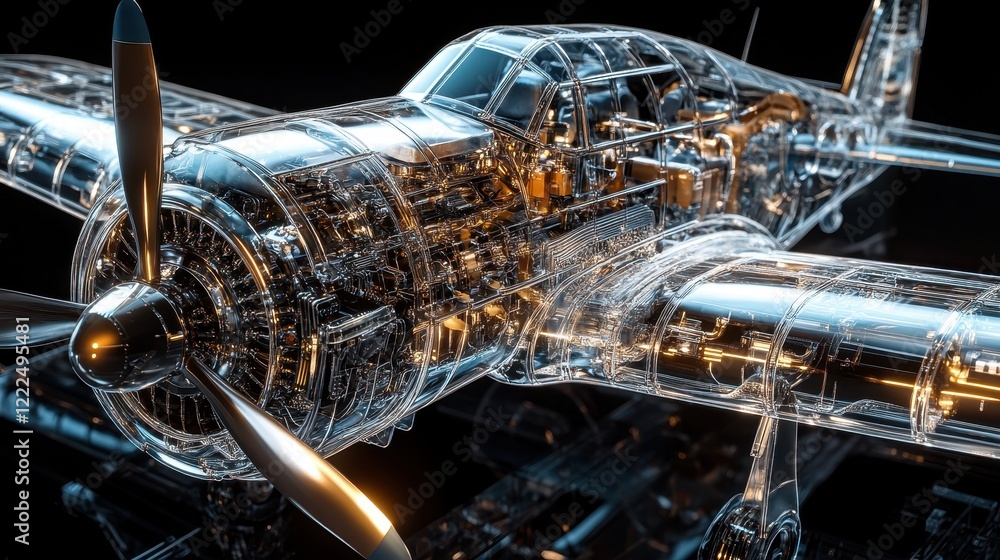 Poster detailed transparent airplane model with visible engine mechanics on a dark background.