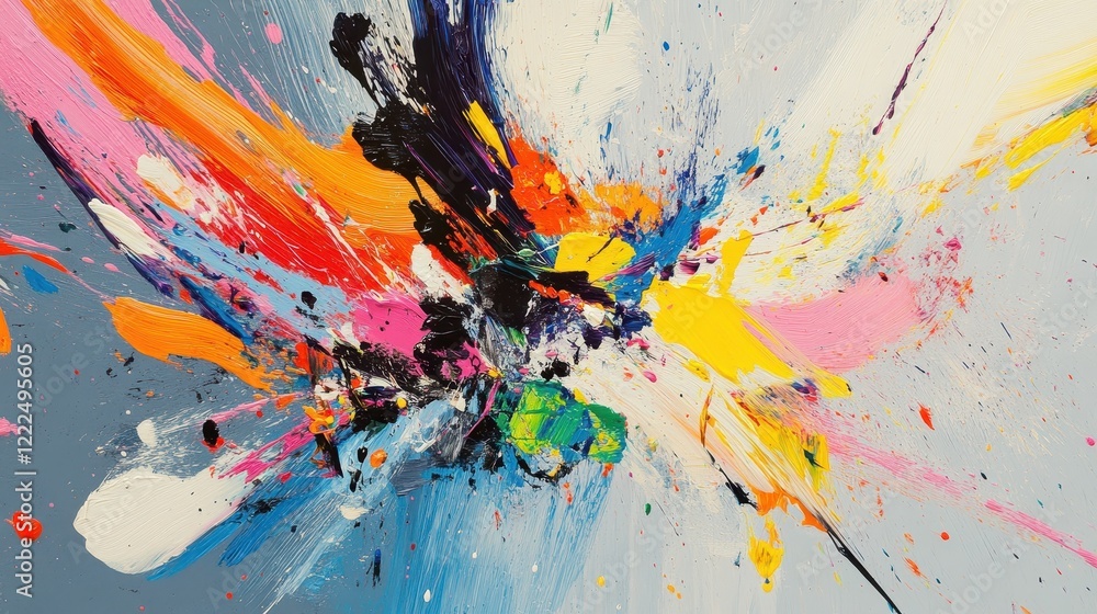 Poster dynamic abstract paint splatter background with vibrant color burst.