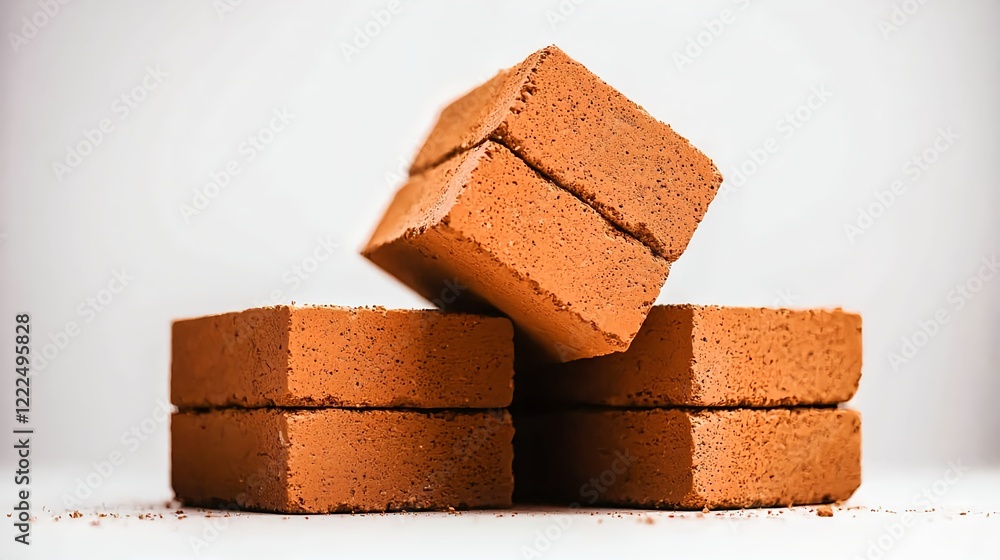 Poster stack of red bricks on white background for construction and design