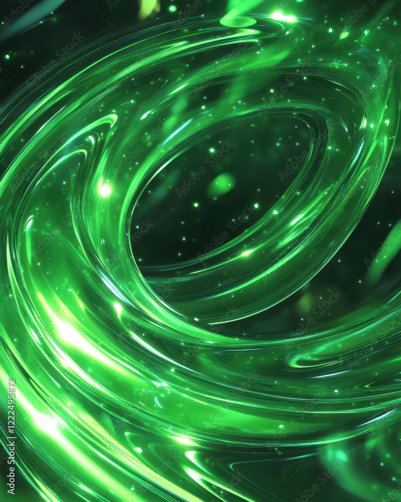Poster abstract luminous green swirl with sparkling particles, fluid dynamic 3d render.