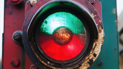 Close-up view of a weathered traffic light showing red and green signals, with rust and grime