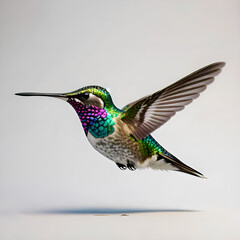 Obraz premium A vibrant hummingbird hovers in mid air its iridescent plumage shimmering against a neutral background