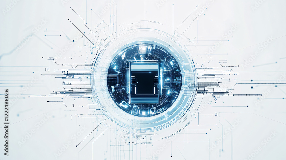Poster abstract digital circuit design with a glowing central processor in blue tones symbolizing technolog