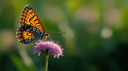 Obraz premium Green spaces gardening concept. A vibrant butterfly resting delicately on a colorful flower in a sunny garden.