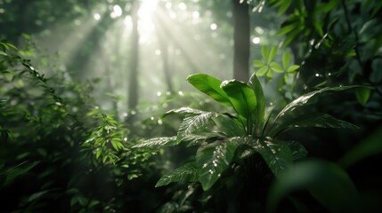 A forest with lush greenery and sunlight filtering through the trees.