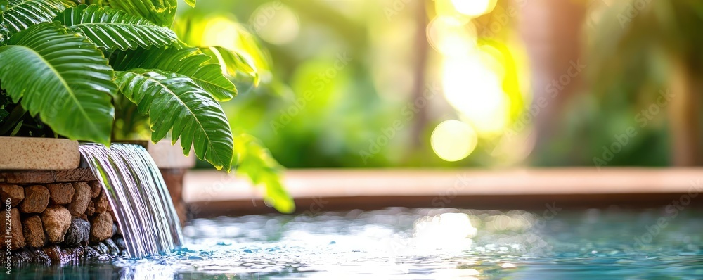 Poster green spaces gardening concept. a tranquil scene featuring a waterfall surrounded by lush greenery a