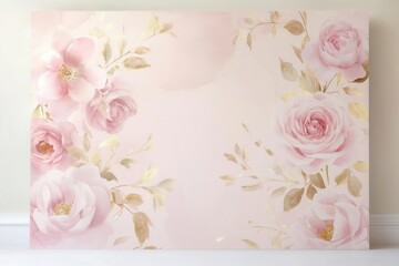 elegant blush pink rose pattern with gold accents, delicate watercolor flowers arranged in romantic composition for wedding stationery