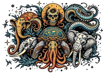 Mystic Animal Mandala Art Print Elephants Turtle Octopus Skull