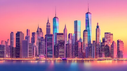 Fototapeta premium Vibrant Sunset Cityscape Skyline, Modern Metropolis at Dusk