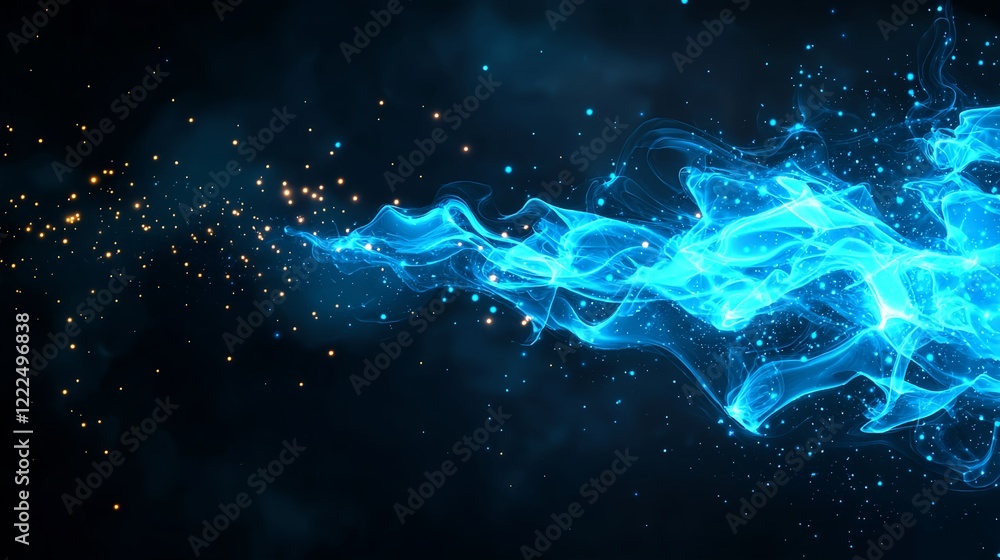 Poster dynamic blue wave with sparkles on a dark background