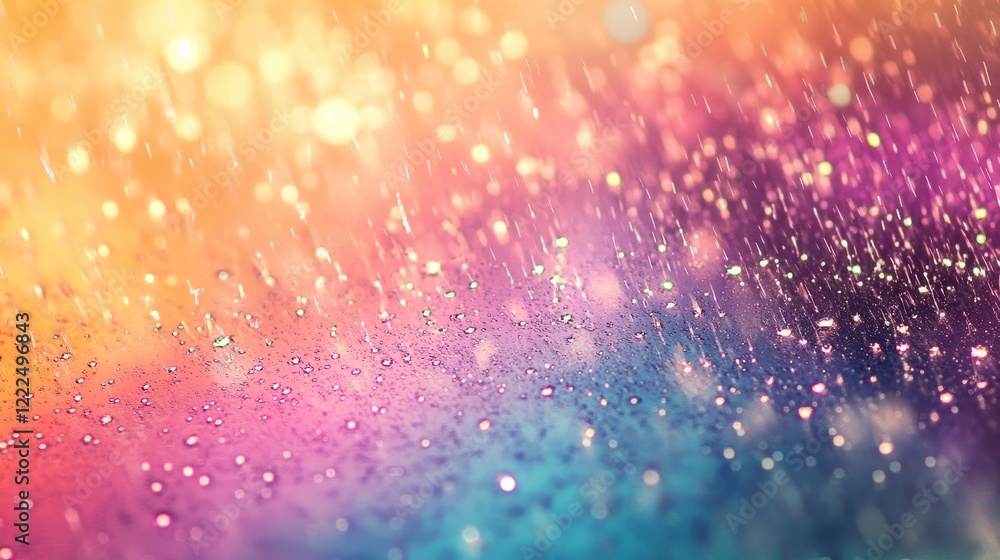 Poster abstract bokeh background of rain drops on glass with gradient light and vibrant colors.