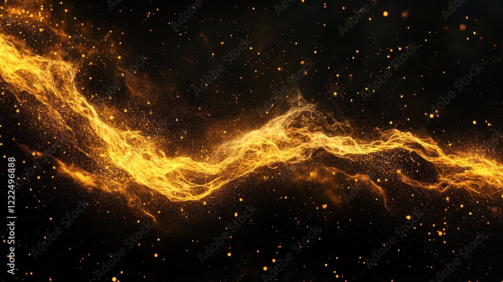 Poster ethereal gold particle stream flowing through dark space.