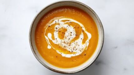 A bowl of homemade creamy butternut squash soup with a swirl of cream and a sprinkle of nutmeg, Centered in a minimalist ceramic bowl, Overhead view with soft ambient light