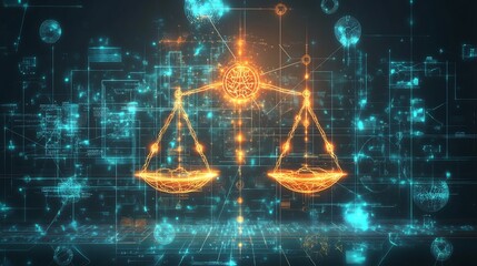 Mental equilibrium cognitive harmony are expressed through glowing neural diagrams and balance symbols that together embody a structured serene inner order