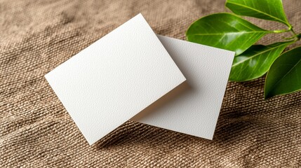 Blank White Textured Cards on Burlap with Green Leaves