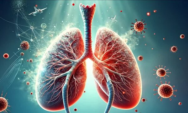 A mesmerizing visualization of human lungs surrounded by swirling colors and dynamic elements illustrates the fragility and resilience of our respiratory system