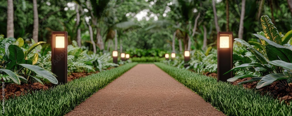 Poster green spaces gardening concept. serene garden path illuminated by soft lights and surrounded by lush