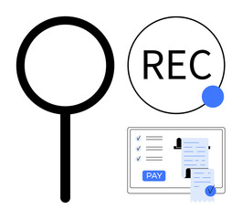 Magnifying glass, REC label with notification dot, and electronic receipts on a tablet. Ideal for finance, online transactions, expense tracking, auditing, digital documentation, automated billing