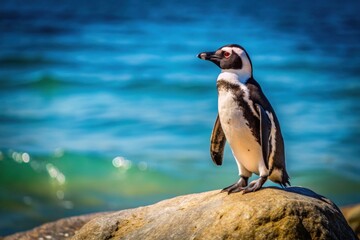 Fototapeta premium A solitary penguin stands majestically on a sun-drenched rock, overlooking a tranquil ocean scene