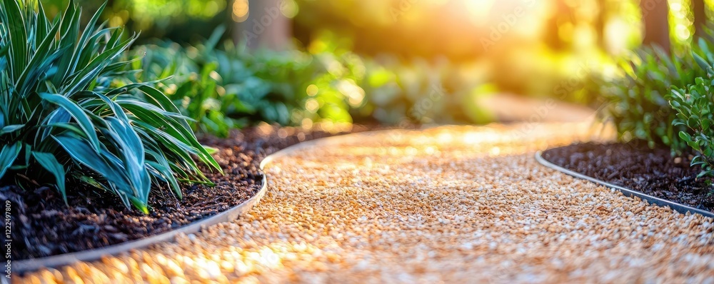 Poster green spaces gardening concept. a serene garden pathway surrounded by lush greenery and soft sunligh