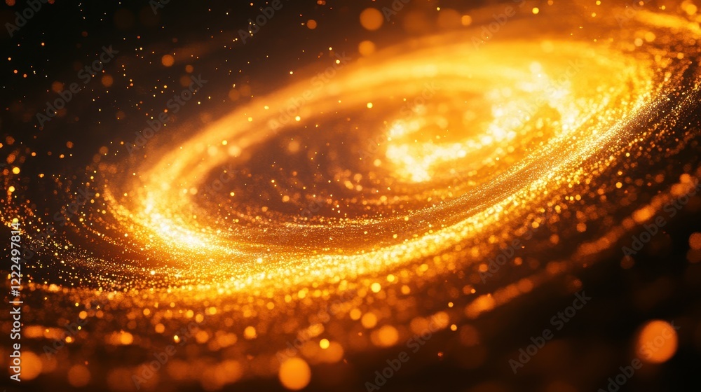 Poster golden galaxy swirl abstract background with bokeh particles