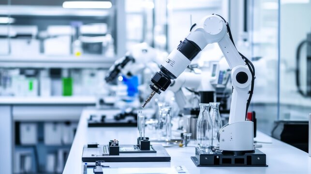 A cutting-edge robotics research lab with advanced robotic arms and clean, organized workspace, showcasing high-tech equipment and modern design