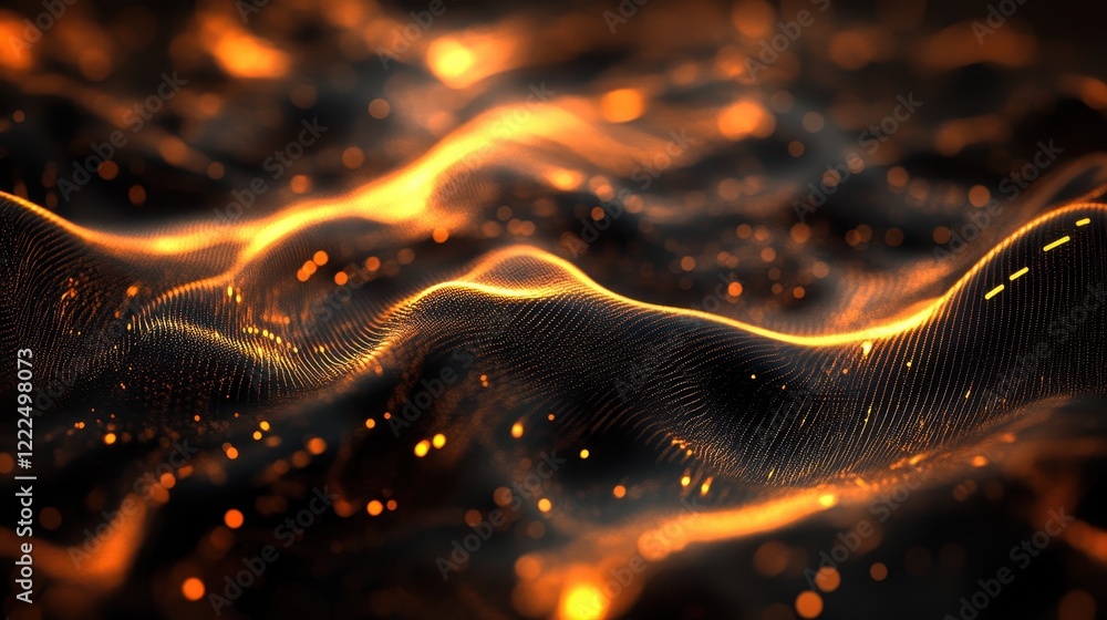 Poster abstract golden wave particle mesh with bokeh on dark background