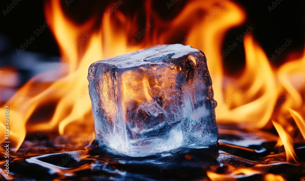 Aufkleber ice cube engulfed in flames: dynamic fire and ice contrast highlighting heat and cold dynamics - con