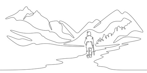 Continuous one line drawing old man walking in the park. Elderly man against the backdrop of nature. Mountain landscape.One continuous line isolated minimal illustration.Not AI.