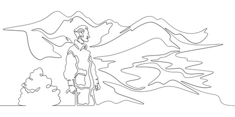 Continuous one line drawing old man walking in the park. Elderly man against the backdrop of nature. Mountain landscape.One continuous line isolated minimal illustration.Not AI.
