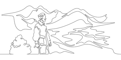 Continuous one line drawing old man walking in the park. Elderly man against the backdrop of nature. Mountain landscape.One continuous line isolated minimal illustration.Not AI.