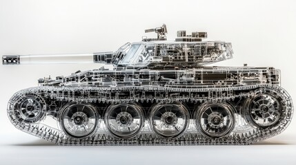Transparent Wireframe Tank Detailed 3D Rendering of Military Vehicle on White Background.