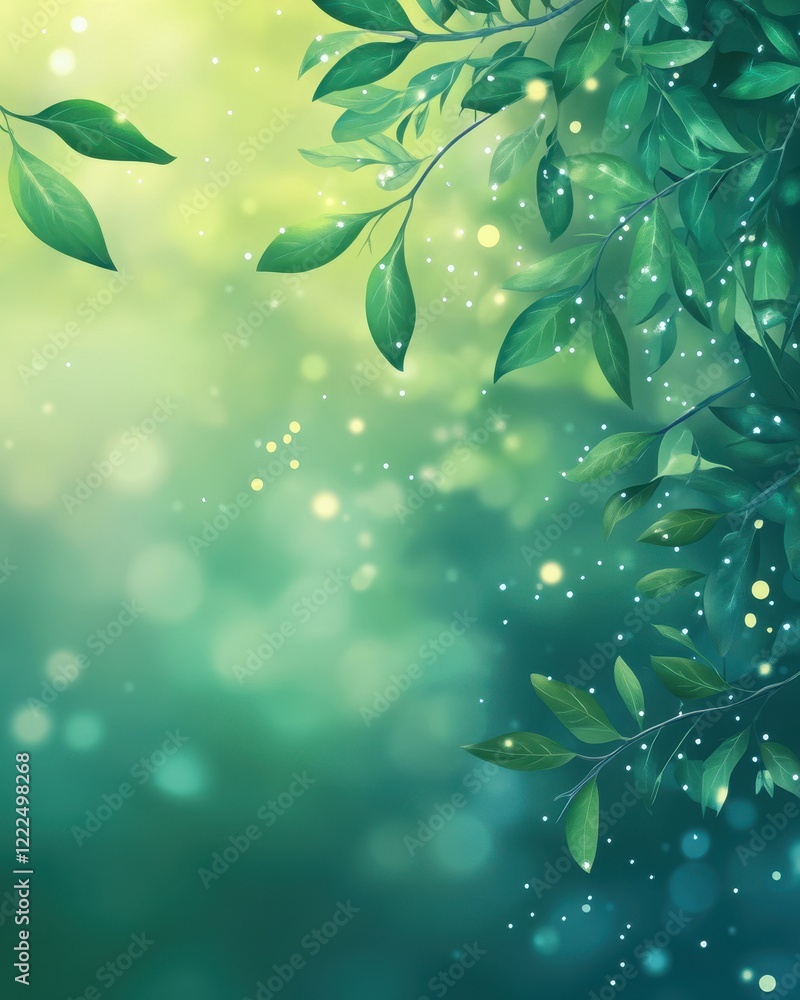 Poster lush green leaves with bokeh light effect and sparkling particles, fantasy background.