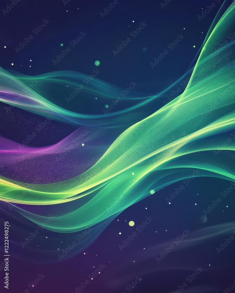 Poster abstract aurora borealis style background with flowing green and purple waves and glowing particles.