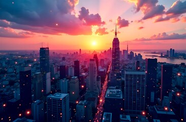 Obraz premium A stunning aerial view of New York City's skyline at sunset, with digital network overlays symbolizing global connectivity, social networks, and advanced communication technology.