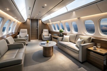 Fototapeta premium Luxurious Private Jet Cabin Interior Sophisticated Seating, Elegant Decor, and Panoramic Views