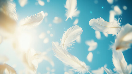 Naklejka premium White feathers fly in air on blue sky background with sun beams and lens flare, realistic vector illustration. Fluffy soft feathers float in air, lightness and innocence poster