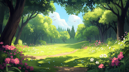 Cartoon summer park, forest glade. isolated on white Vector illustration of beautiful public garden with footpath between trees, green grass, blooming flowers. Web banner design