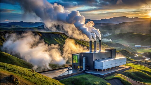 A Geothermal Power Plant nestled in a scenic valley, emitting steam against a vibrant sunset backdrop, showcasing sustainable energy amidst rolling hills