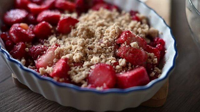 A delicious homemade fruit crumble in the making, featuring vibrant red berries ready to be transformed into a warm, golden, and crispy dessert