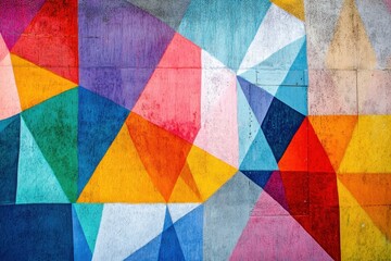 Fototapeta premium Vibrant Geometric Wall Art Abstract Painted Triangles and Shapes in Bold Colors on Concrete Surface.